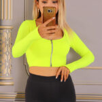 Bluza crop Catryna, cu fenta pentru deget si fermoar, Galben