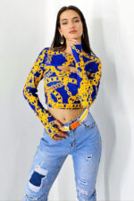 Bluza crop Sienna, cu decolteu decupat si maneca cu fenta/deget, Blue Chain