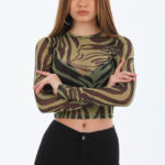 Bluza crop Valery, cu textura transparenta, animal print si maneca lunga, Bej zebra