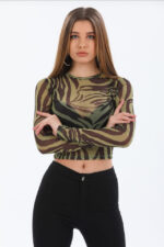Bluza crop Valery, cu textura transparenta, animal print si maneca lunga, Bej zebra