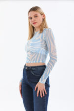 Bluza crop Valery, cu textura transparenta, animal print si maneca lunga, Albastru - imagine 2