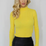 Bluza dama Any, din material fin, striat, cu guler pe gat tip maleta, Galben, Marime: OneSize S/M