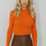 Bluza dama Any, din material fin, striat, cu guler pe gat tip maleta, Portocaliu, Marime: OneSize S/M