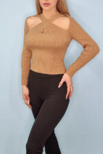 Bluza dama crop, Luxembourg, cu decupaj, Crem - imagine 2