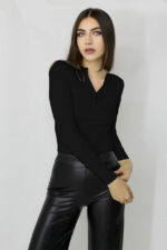 Bluza dama Freya, cu textura striata si fermoar tip accesoriu, Negru, Marime universala S/M