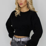 Bluza dama Kasia, tip hanorac, guler la baza gatului si croiala crop, Negru