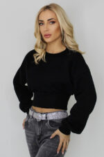 Bluza dama Kasia, tip hanorac, guler la baza gatului si croiala crop, Negru