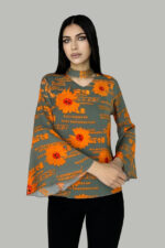 Bluza eleganta Summer Smile, cu maneca evazata, guler tip choker si croiala lejera, Portocaliu - imagine 2