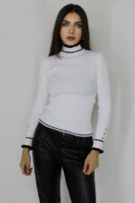 Bluza Renia, cu volane minimaliste la guler si nasturi cu cristale decorative, Alb, Marime universala S/M - imagine 2