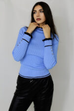 Bluza Renia, cu volane minimaliste la guler si nasturi cu cristale decorative, Albastru, Marime universala S/M - imagine 2