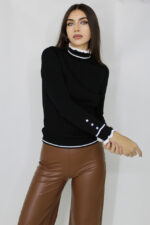 Bluza Renia, cu volane minimaliste la guler si nasturi cu cristale decorative, Negru, Marime universala S/M - imagine 2