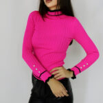 Bluza Renia, cu volane minimaliste la guler si nasturi cu cristale decorative, Fucsia, Marime universala S/M