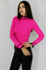 Bluza Renia, cu volane minimaliste la guler si nasturi cu cristale decorative, Fucsia, Marime universala S/M