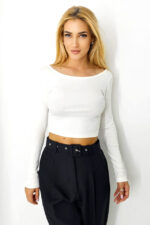Bluza scurta Manon, cu guler lejer si detaliu decupat la spate, Alb, Marime S/M