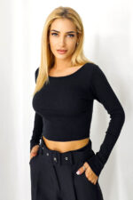 Bluza scurta Manon, cu guler lejer si detaliu decupat la spate, Negru, Marime S/M - imagine 2