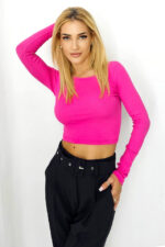 Bluza scurta Manon, cu guler lejer si detaliu decupat la spate, Roz, Marime S/M