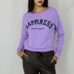 Bluza sport Happiness, bumbac, guler rotund si imprimeu motivational, Lila, Marime universala S/M