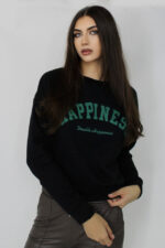 Bluza sport Happiness, bumbac, guler rotund si imprimeu motivational, Negru, Marime universala S/M