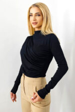 Bluza tip body Fleur, cu aspect drapat si maneca lunga, Negru, Marime S/M - imagine 2