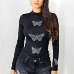 Bluza tip body Fly, cu aplicatii decorative si guler tunica, Negru