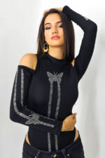 Bluza tip body FlyMex, cu aplicatii decorative si guler tunica, Negru - imagine 2