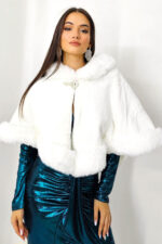 Bolero tip capa Leya, din blana ecologica, cu prindere in gaica, Alb, Marime OneSize - imagine 2