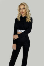 Camasa crop Saga, cu banda elastica in talie, Negru