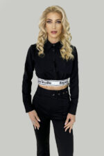 Camasa crop Saga, cu banda elastica in talie, Negru - imagine 2
