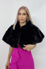 Capa tip bolero Savina, din blana ecologica, cu guler inalt, Negru, Marime universala S/M