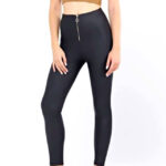 Colanti fitness Velly, piele eco, cu fermoar si aspect mat, Negru
