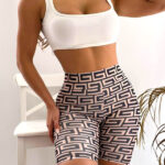 Colanti scurti fitness Ethan, cu banda modelatoare in talie si imprimeu variat, Bej Maze