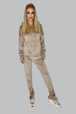 Compleu de catifea Erica, pantaloni cu fermoar pe picior si bluza in doua variante de purtare (cu gluga sau cu guler/rever), Crem, Marime S/M - imagine 2