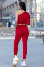 Compleu de catifea Mirabey pantaloni si bluza cu umar gol, Rosu - imagine 2