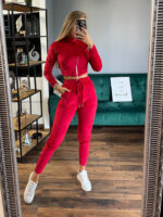 Compleu de catifea Paula, pantaloni si bluza pe gat cu fermoar, Rosu, Marime S/M - imagine 2