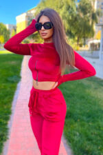 Compleu de catifea Paula, pantaloni si bluza pe gat cu fermoar, Rosu, Marime S/M