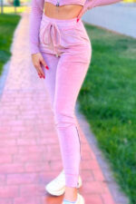 Compleu de catifea Paula, pantaloni si bluza pe gat cu fermoar, Roz, Marime S/M - imagine 2