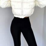 Geaca dama Puffer Barbie, model crop cu buzunare laterale, Alb