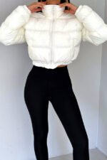 Geaca dama Puffer Barbie, model crop cu buzunare laterale, Alb