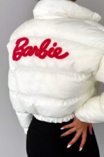 Geaca dama Puffer Barbie, model crop cu buzunare laterale, Alb - imagine 2