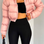 Geaca dama Puffer Barbie, model crop cu buzunare laterale, Roz