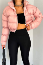 Geaca dama Puffer Barbie, model crop cu buzunare laterale, Roz