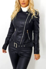 Geaca din piele ecologica Andaluz, model biker cu inchidere laterala, Negru - imagine 2