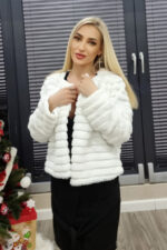 Haina din blana ecologica Feny, cu maneca lunga, lungime medie si accesoriu inclus, Alb, Marime universala M/L - imagine 2