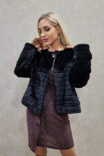 Haina din blana ecologica Feny, cu maneca lunga, lungime medie si accesoriu inclus, Negru, Marime universala M/L