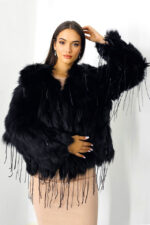 Haina eleganta Aylin, din blana naturala de vulpe, cu paiete asimetrice, Negru, Marime S/M/L - imagine 2