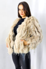 Haina eleganta Aylin, din blana naturala de vulpe, cu paiete asimetrice, Crem, Marime S/M/L - imagine 2