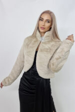 Haina scurta din blana ecologica Suzyana, cu maneca lunga si accesoriu inclus, Crem, Marime S/M - imagine 2