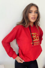 Hanorac dama Lightness, gluga ajustabila cu snur, buzunar oversize si croiala medie, Rosu