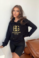 Hanorac dama Lightness, gluga ajustabila cu snur, buzunar oversize si croiala medie, Negru