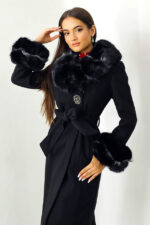 Palton elegant Anastasia, cu brosa, mansete si guler din blana ecologica, Negru - imagine 2